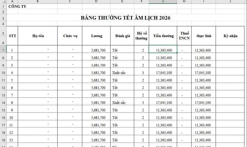 MẪU BẢNG LƯƠNG NHÂN VIÊN ĐÓNG BHXH THÁNG 01/2026